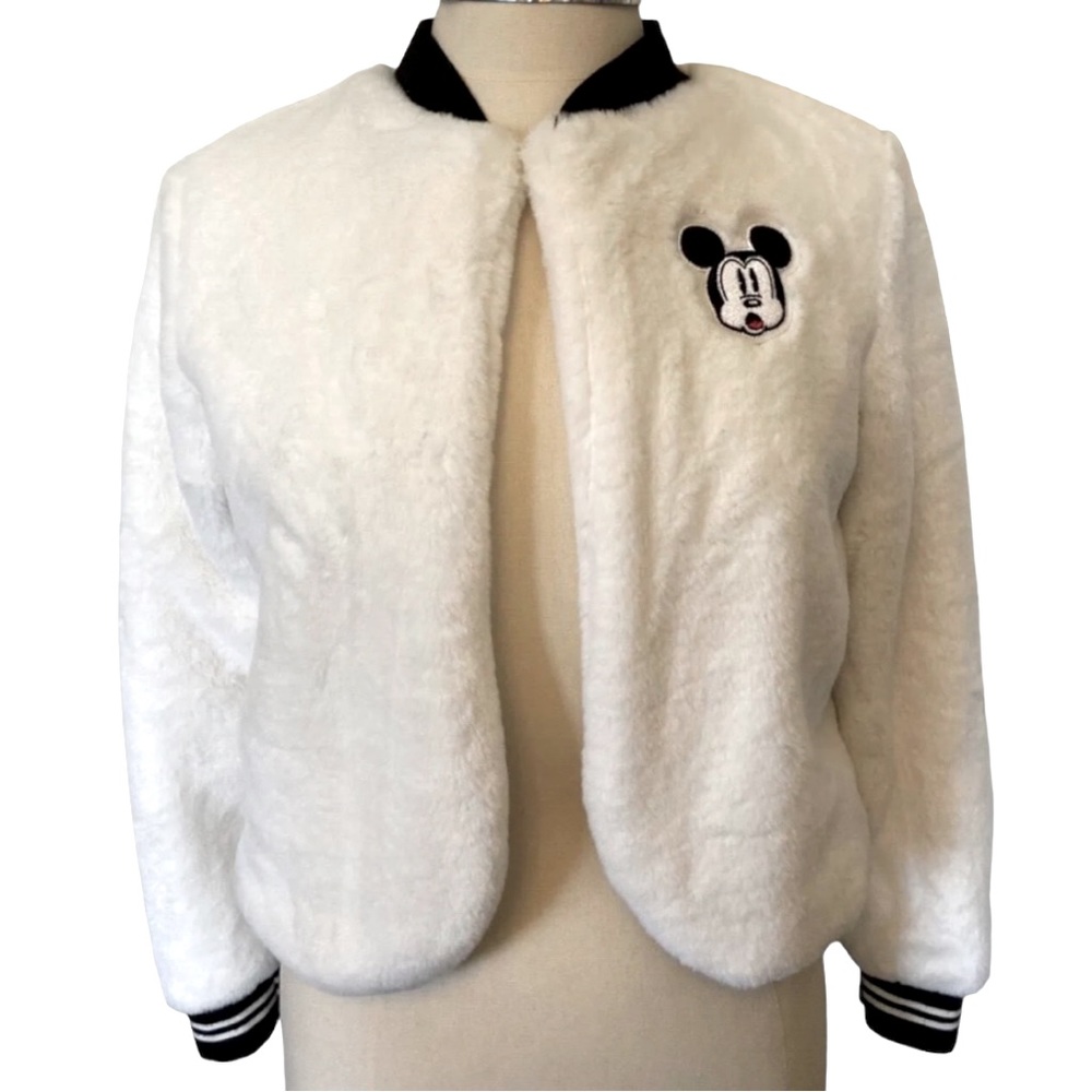 Disney Mickey Mouse White Fluffy Soft Faux Fur Lined Jacket Sweater Sz Large